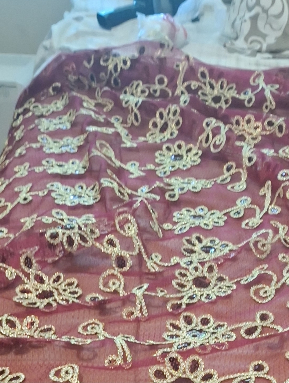 Embroidered Maroon Decorative Throw with Gold Floral Trim